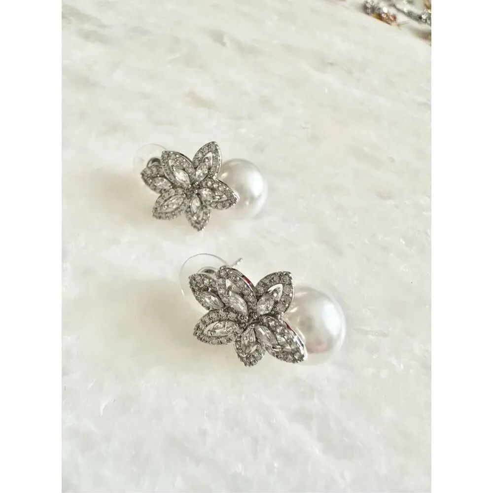 Super sparkly marquee cubic zirconia pearl stud  earrings